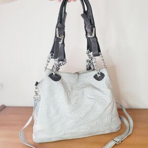 VTG Borse In Pelle Silver Suede Leather Purse Swirl Slouchy Hand Bag Crossbody